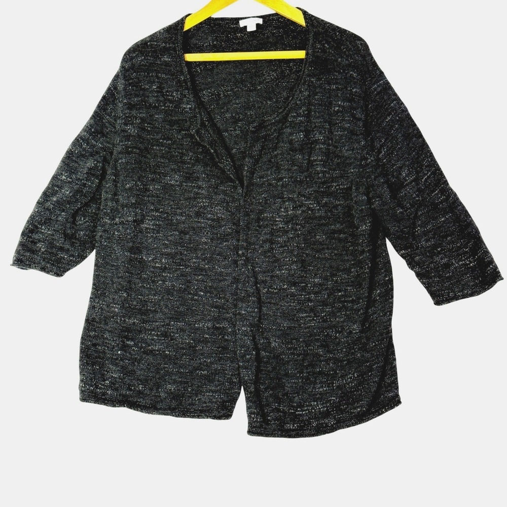 pure‎ jill Women's Cardigan Sweater Black Heathered Open Front 3/4 Sleeve Size L